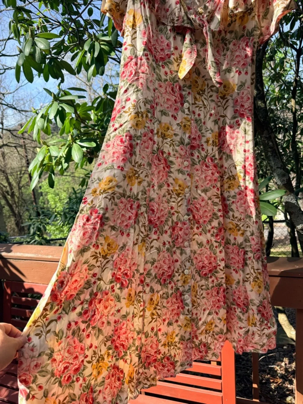 Vintage avocado Cream Floral Tie-Front Maxi Dress with Pink & Yellow Blooms - Picture 3 of 8
